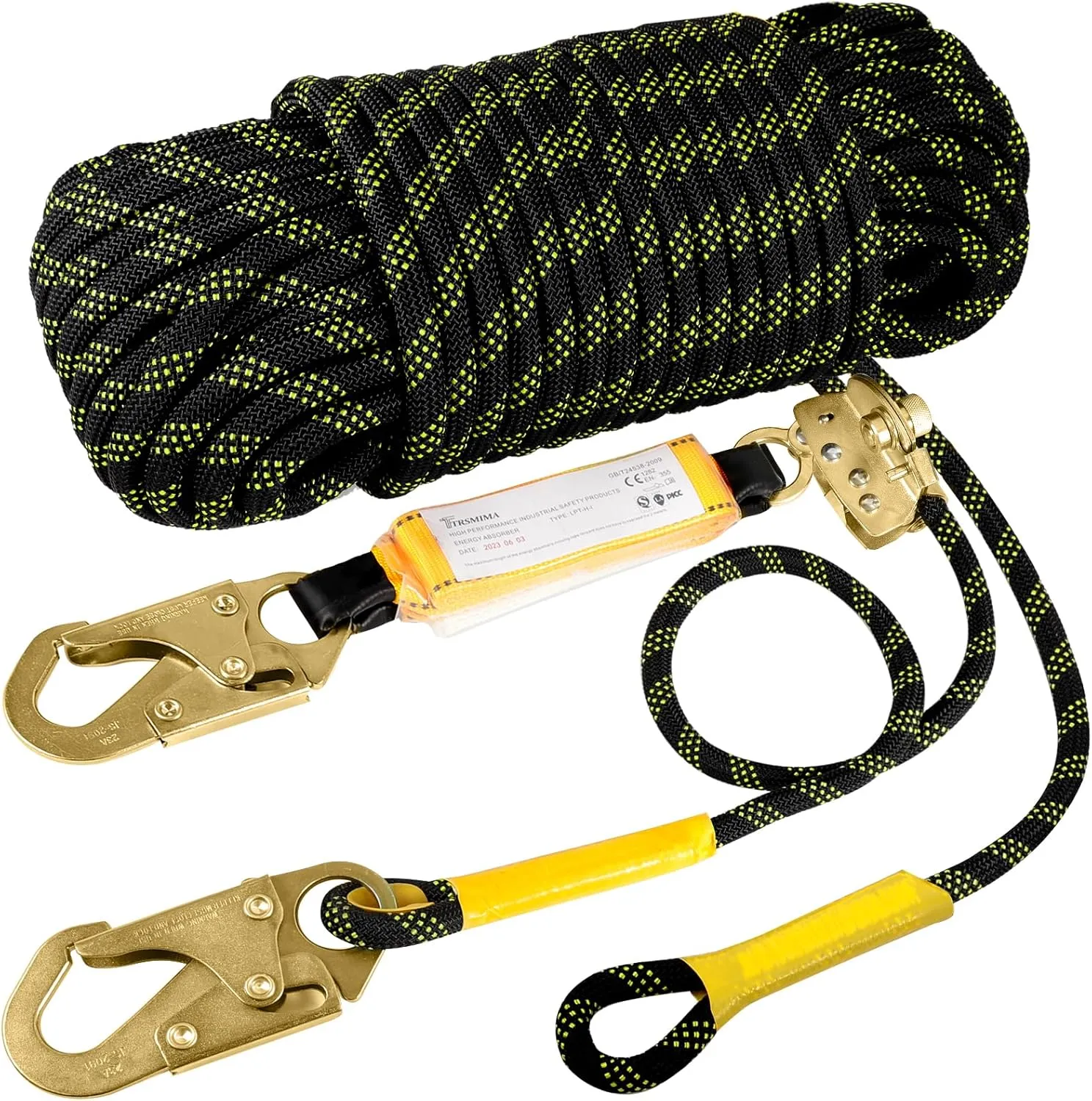 TRSMIMA Rope Harness Safety Lanyard：25ft Vertical Roofing Rope With Grab Snap Hooks Shock Absorber - Fall Protection Tree Climbing Line Kit Heavy Duty Roof Safety Equipment ANSI CE