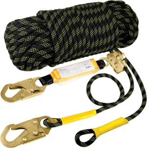 TRSMIMA Rope Harness Safety Lanyard：25ft Vertical Roofing Rope With Grab Snap Hooks Shock Absorber - Fall Protection Tree Climbing Line Kit Heavy Duty Roof Safety Equipment ANSI CE