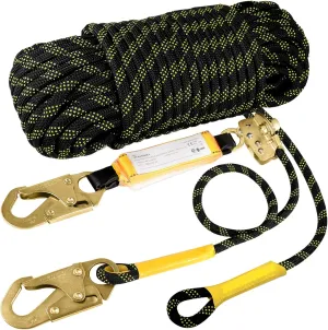 TRSMIMA Rope Harness Safety Lanyard：50ft Vertical Roofing Rope With Grab Snap Hooks Shock Absorber - Fall Protection Tree Climbing Line Kit Heavy Duty Roof Safety Equipment ANSI CE