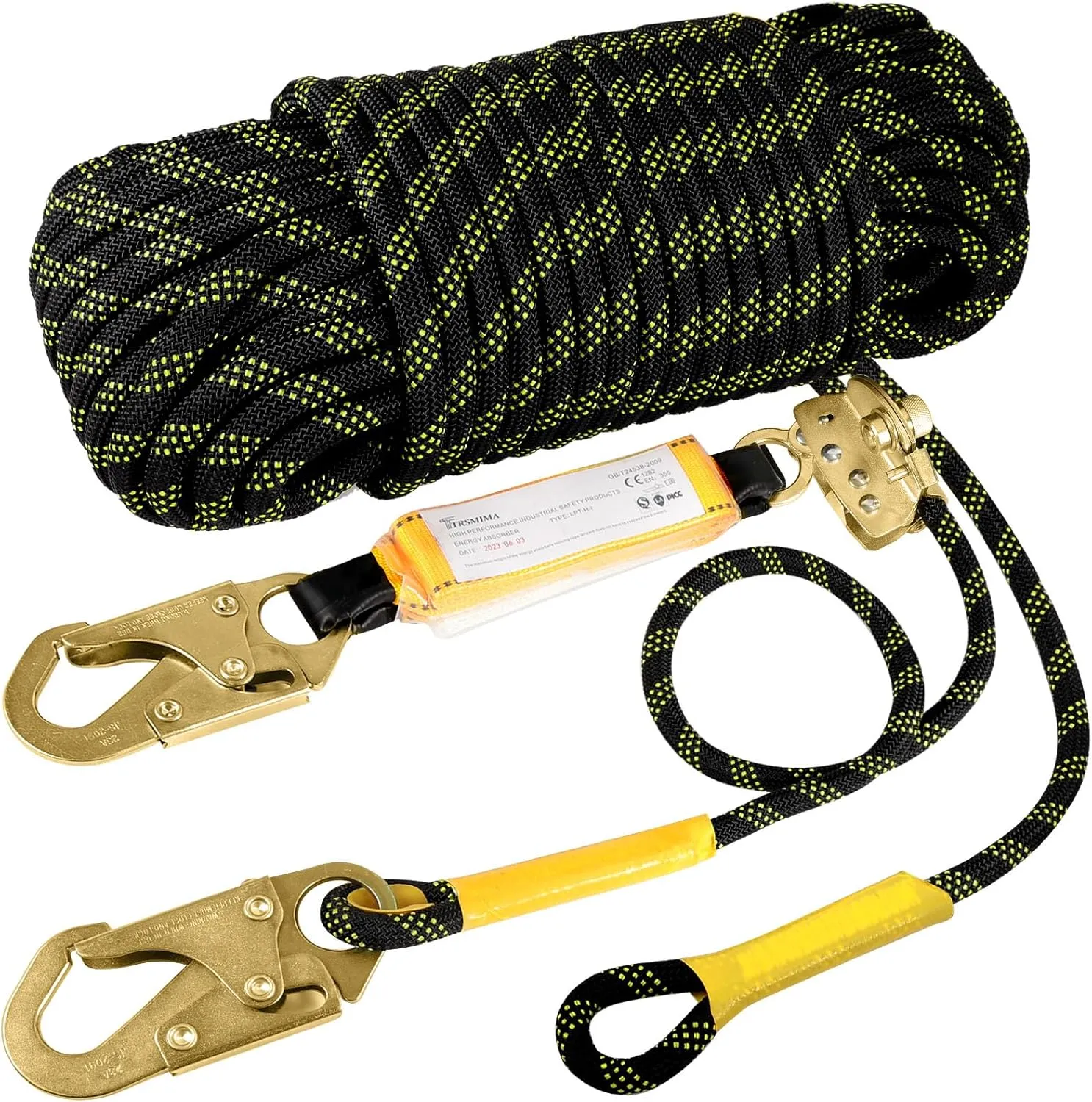 TRSMIMA Rope Harness Safety Lanyard：50ft Vertical Roofing Rope With Grab Snap Hooks Shock Absorber - Fall Protection Tree Climbing Line Kit Heavy Duty Roof Safety Equipment ANSI CE