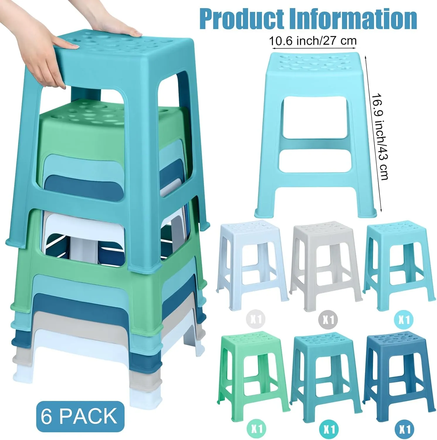TURSTIN 6 Pack Plastic Stools 16.9 Inch Nesting Stools 6 Color Portable Backless Bar Stool Flexible Seating Chairs for Classroom Office Home