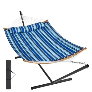 Two Person Hammock with Stand Curved Spreader Bar Blue White Stripe