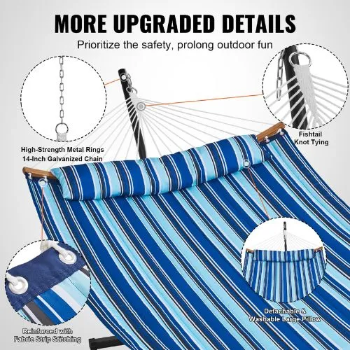 Two Person Hammock with Stand Curved Spreader Bar Blue White Stripe