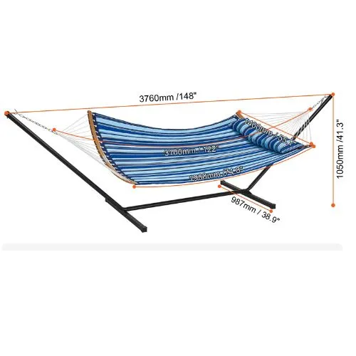 Two Person Hammock with Stand Curved Spreader Bar Blue White Stripe