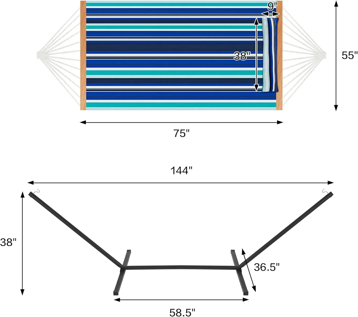 Two Person Hammock with Stand Heavy Duty, Outdoor Patio Hammock with Portable Steel Stand, Large Double Hammocks,480lbs Capacity.(Blue Stripes)