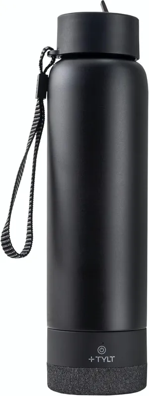 TYLT Smart Water Bottle with Bluetooth Speaker, Wireless Stainless Steel Insulated Travel Tumbler with Flip Straw, Rechargeable, Portable, Double Layered, 24oz (Black)
