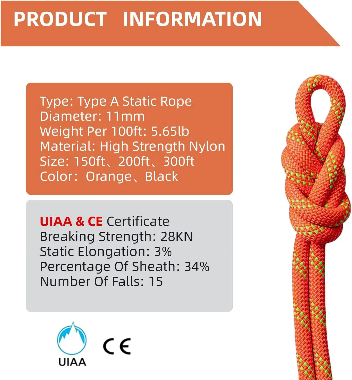 UIAA Static Climbing Rope 11mm, 60M(200FT) Nylon Kernmantle Rappelling Rope for Survival Rescue Cord Rock Mountaineering Climbing Hauling