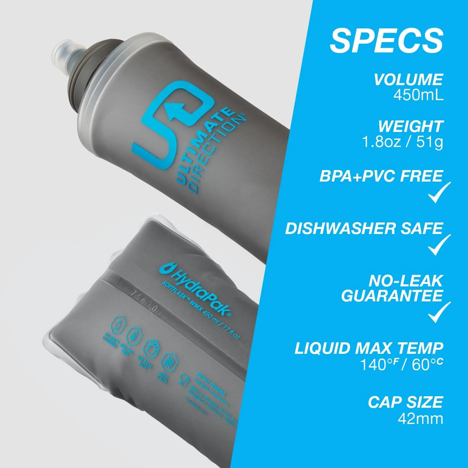 Ultimate Direction 2023 Body Bottle Collapsible Soft Side Water Bottle with High Flow Valve, Insulated or Non-Insulated, Made by Hydrapak, 450mL – 500mL