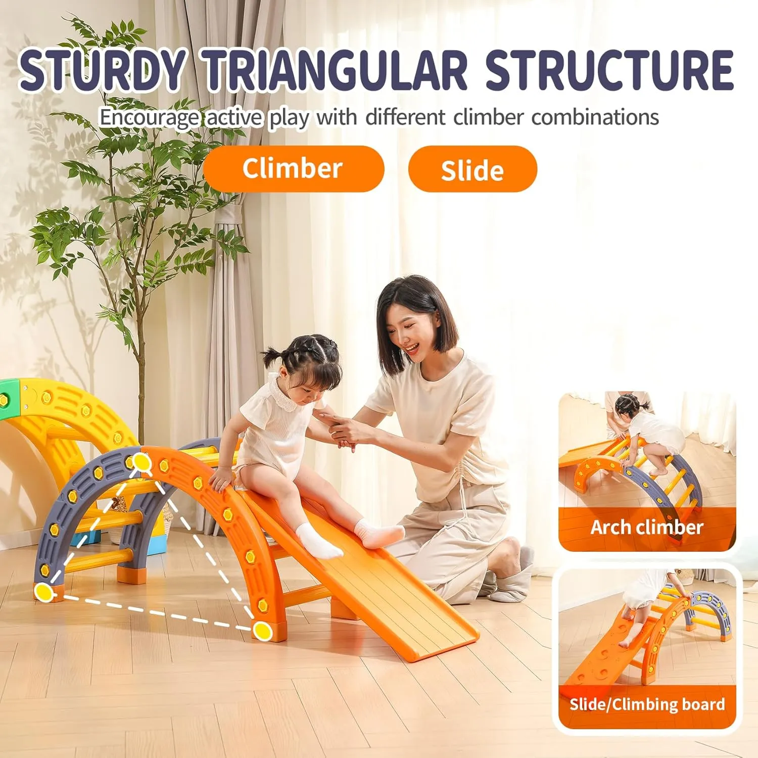 UNICOO 4-in-1 Kids Climbing Set - Double Arch Climber, Double Sided Climbing Ramp, Hammock Rocker, Climbing Toys for Toddler and Kids, Indoor or Outdoor, Children's Gift (Blue & Orange)