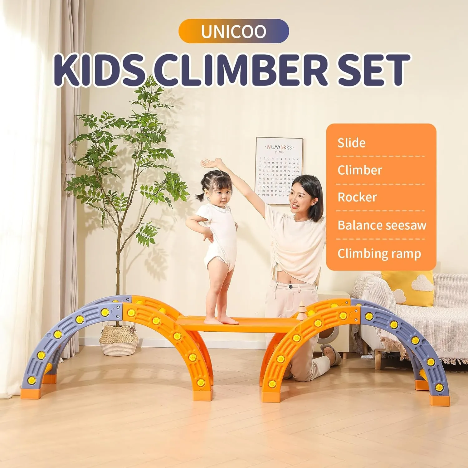 UNICOO 4-in-1 Kids Climbing Set - Double Arch Climber, Double Sided Climbing Ramp, Hammock Rocker, Climbing Toys for Toddler and Kids, Indoor or Outdoor, Children's Gift (Blue & Orange)