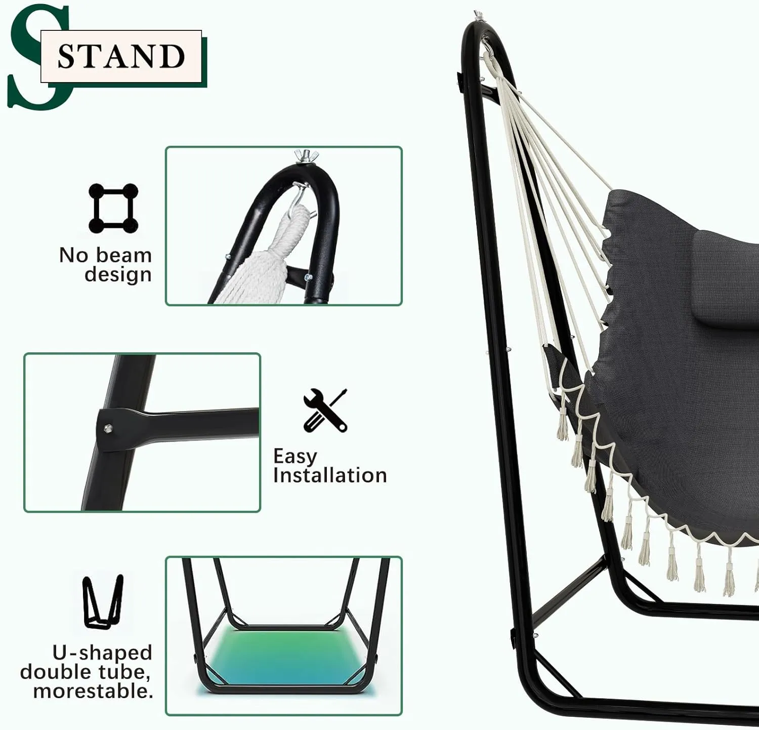 Unique U-Shaped Hammock Chair with Stand,Sturdy & Rust-Resistant,Free Gray Cotton Hammock Chair