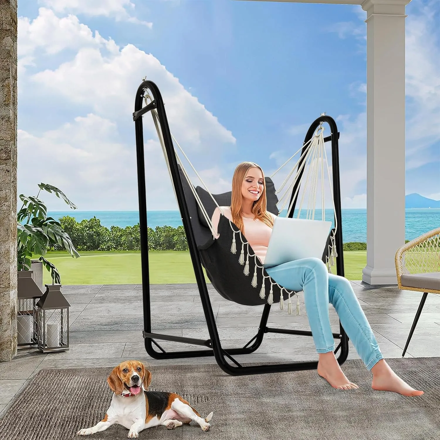 Unique U-Shaped Hammock Chair with Stand,Sturdy & Rust-Resistant,Free Gray Cotton Hammock Chair