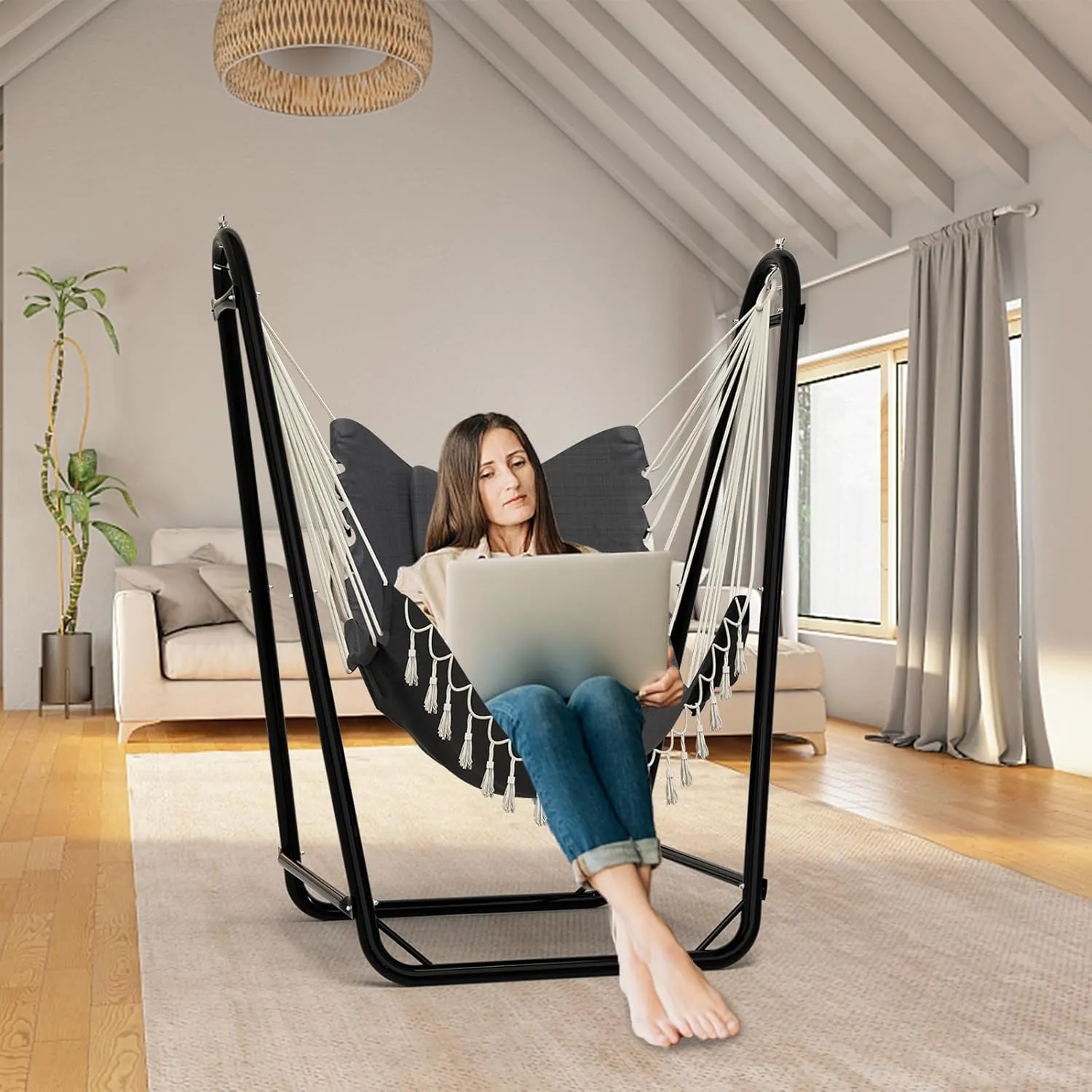 Unique U-Shaped Hammock Chair with Stand,Sturdy & Rust-Resistant,Free Gray Cotton Hammock Chair