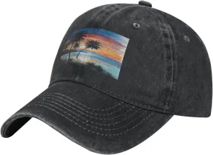 Unisex Baseball Cap for Men & Women with Adjustable Buckle, (Coconut Beach Sunset Hammock) Sports Cap, Vintage Denim Hat with Metal Buckle, Breathable & Lightweight for Outdoor Activities