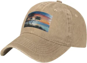 Unisex Baseball Cap for Men & Women with Adjustable Buckle, (Coconut Beach Sunset Hammock) Sports Vintage Denim Hat with Metal Buckle, Breathable & Lightweight for Outdoor - Natural/Color