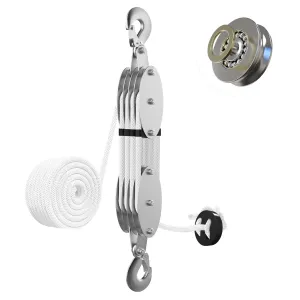Upgraded Rope Pulley Hoist 4400LBS with Rope Guide, 8:1 Power Pulley Block and Tackle System, 65ft Pulley Block 2200LB Loading Capacity, Heavy Duty Rope Hoist for Hunting Garage Warehouse
