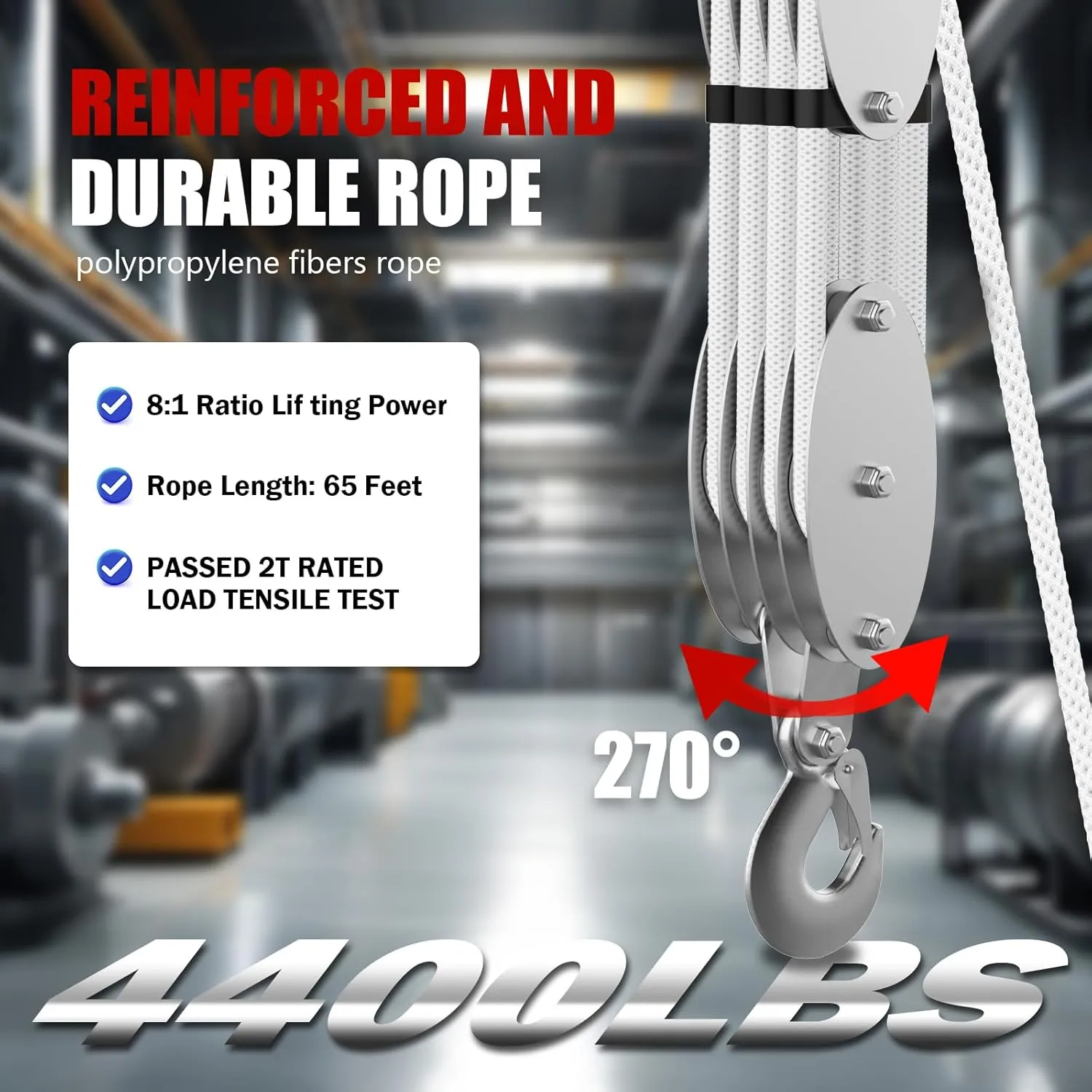 Upgraded Rope Pulley Hoist 4400LBS with Rope Guide, 8:1 Power Pulley Block and Tackle System, 65ft Pulley Block 2200LB Loading Capacity, Heavy Duty Rope Hoist for Hunting Garage Warehouse