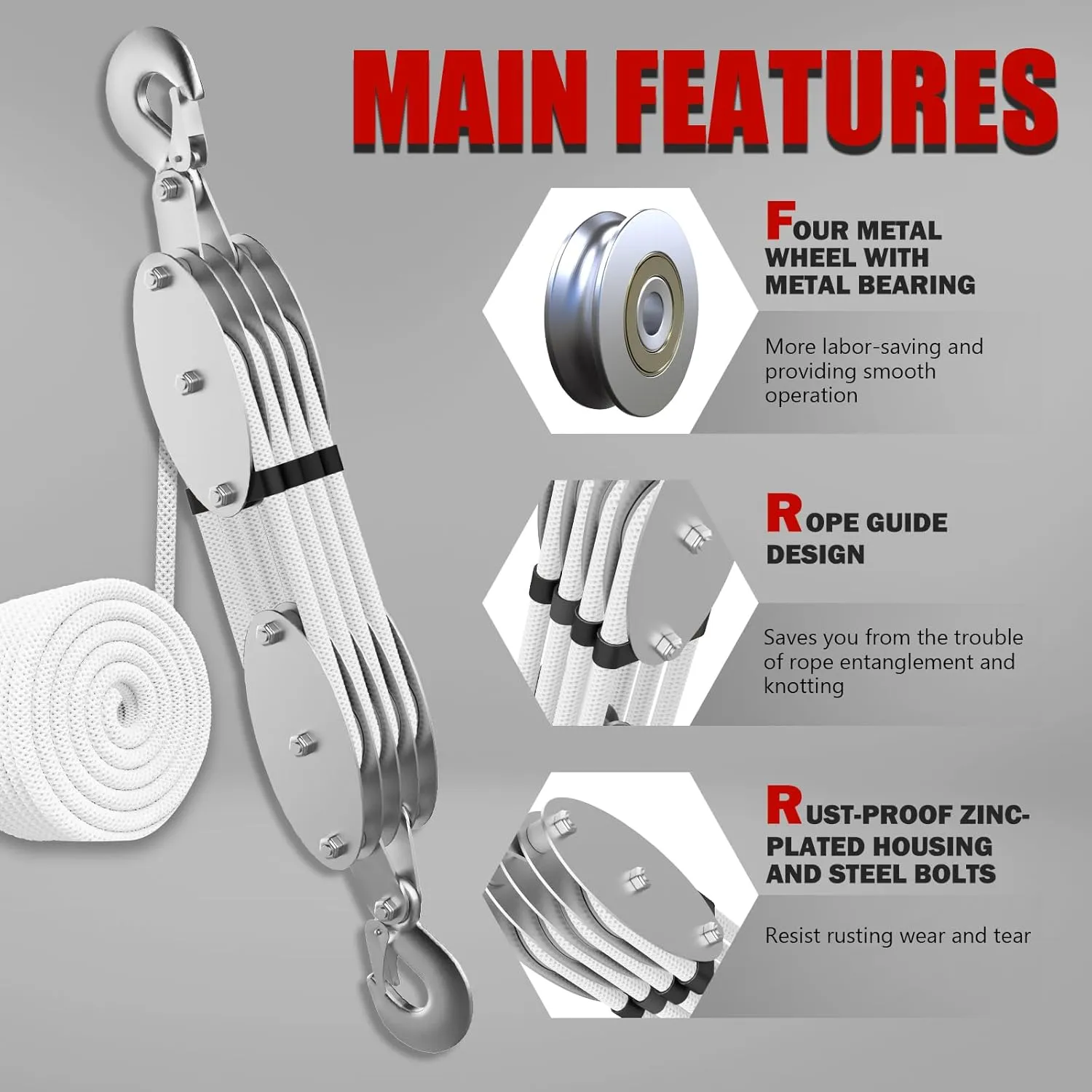 Upgraded Rope Pulley Hoist 4400LBS with Rope Guide, 8:1 Power Pulley Block and Tackle System, 65ft Pulley Block 2200LB Loading Capacity, Heavy Duty Rope Hoist for Hunting Garage Warehouse