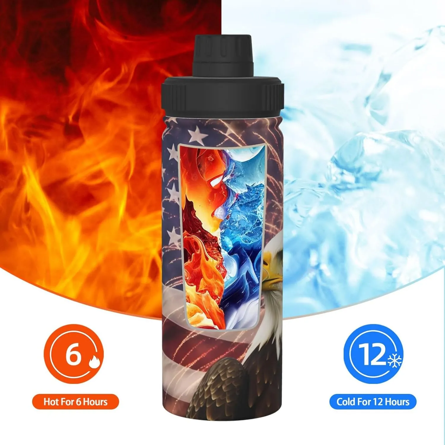 USA Flag Eagle 18 oz Stainless Steel Water Bottles Insulated Sports Water Bottle with Handle, Patriotic Double Wall Travel Water Flask for Men Women