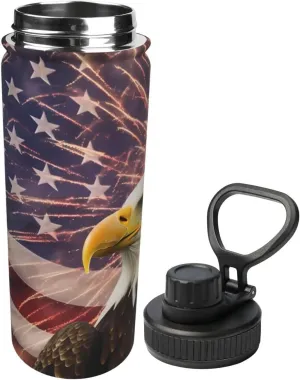 USA Flag Eagle 18 oz Stainless Steel Water Bottles Insulated Sports Water Bottle with Handle, Patriotic Double Wall Travel Water Flask for Men Women