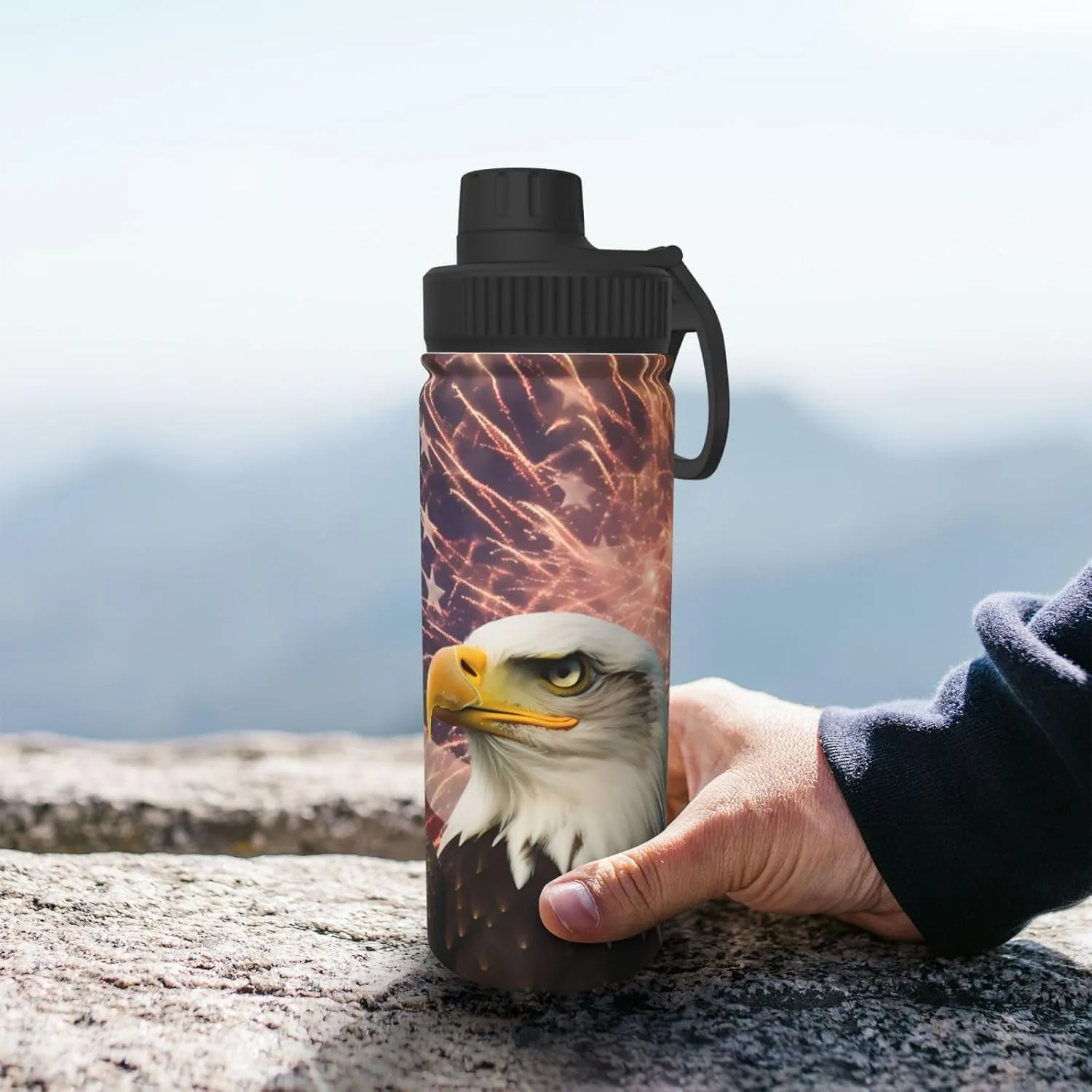 USA Flag Eagle 18 oz Stainless Steel Water Bottles Insulated Sports Water Bottle with Handle, Patriotic Double Wall Travel Water Flask for Men Women