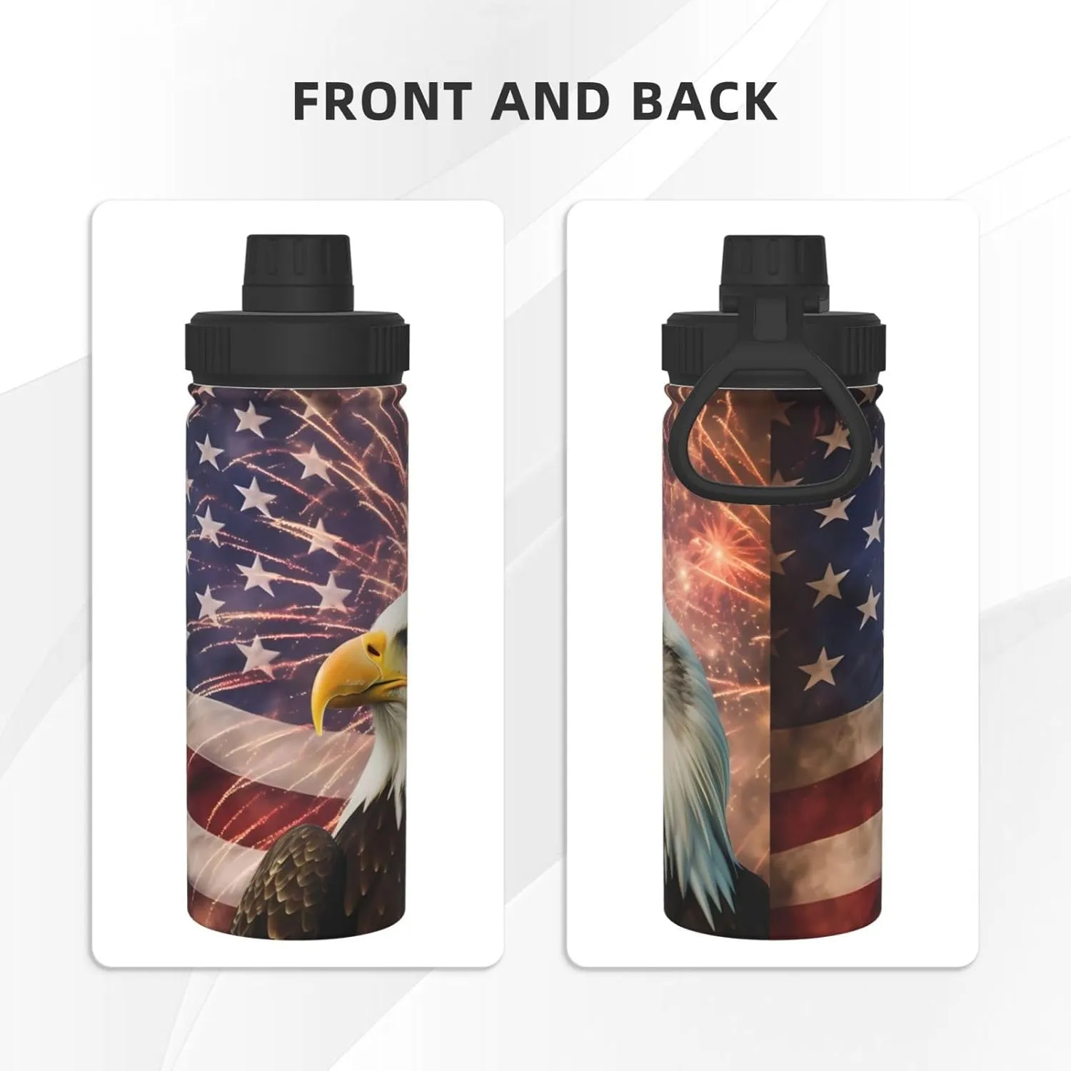 USA Flag Eagle 18 oz Stainless Steel Water Bottles Insulated Sports Water Bottle with Handle, Patriotic Double Wall Travel Water Flask for Men Women