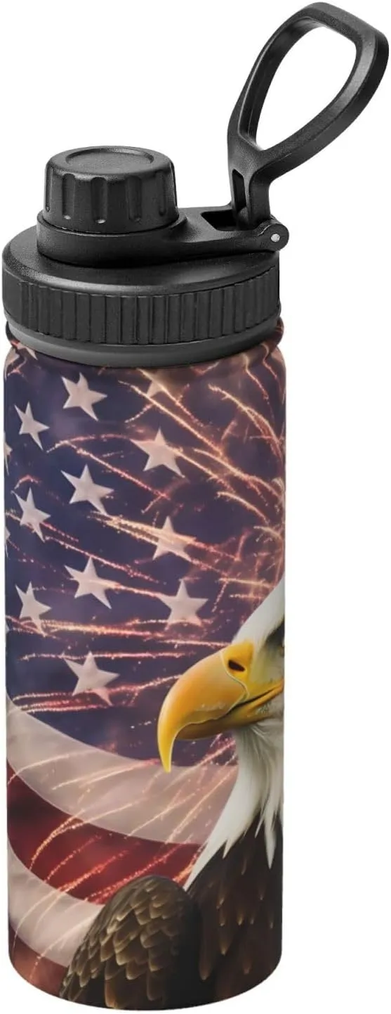 USA Flag Eagle 18 oz Stainless Steel Water Bottles Insulated Sports Water Bottle with Handle, Patriotic Double Wall Travel Water Flask for Men Women