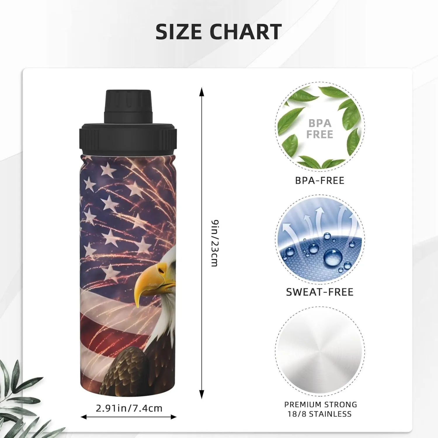 USA Flag Eagle 18 oz Stainless Steel Water Bottles Insulated Sports Water Bottle with Handle, Patriotic Double Wall Travel Water Flask for Men Women