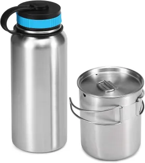 Vacuum Insulated Water Bottle, 1000ml Stainless Steel Vacuum Insulated Water Bottle with 700ml Water Cup ing Pot for Outdoor Survival Camping Hiking Backpacking