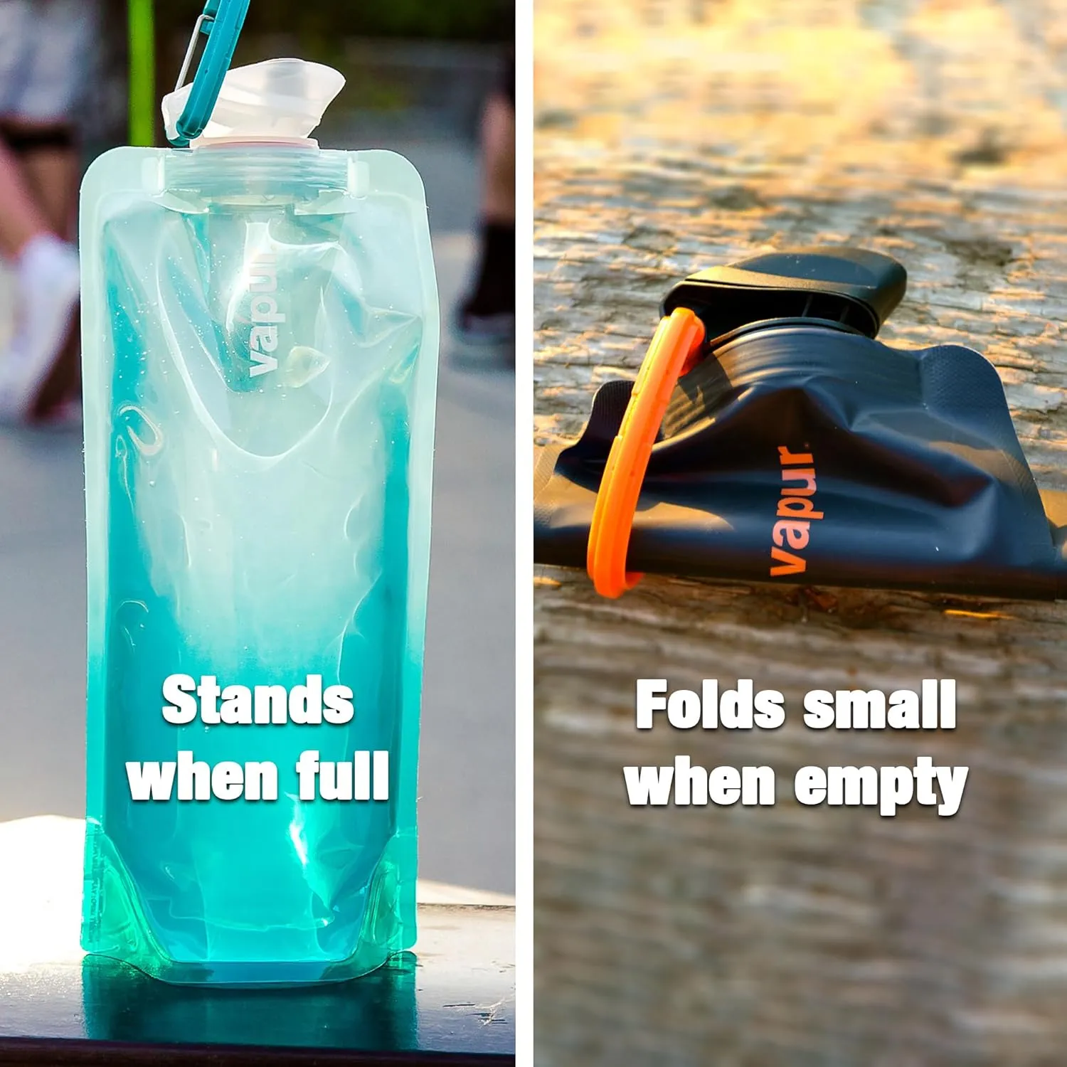 Vapur Collapsible Water Bottle With Carabiner, Compact Bottle Folds Flat For Hydration On The Go, Ideal for Traveling, Hiking or Camping, 34 Ounce, Water, Pack of 2