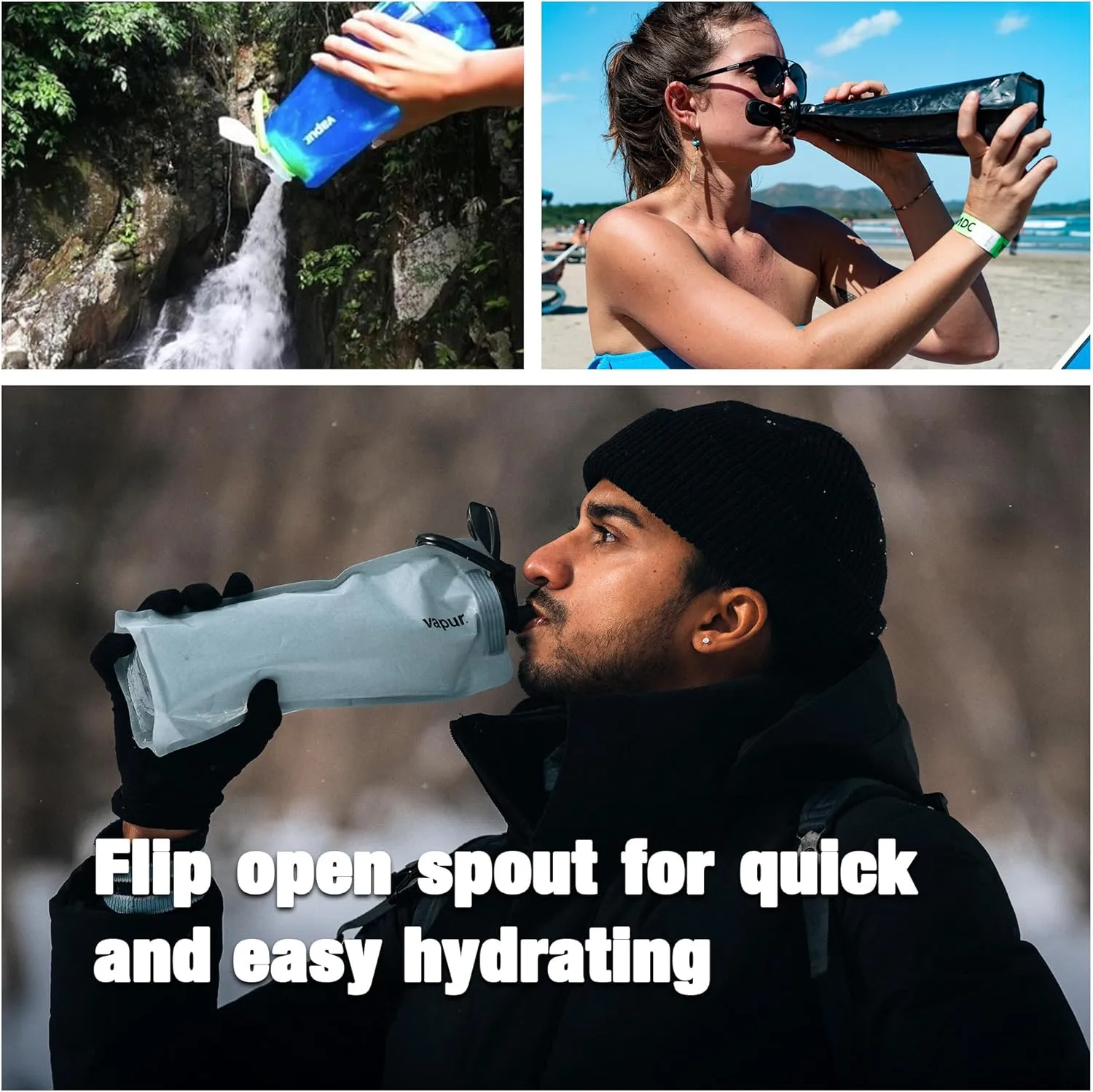 Vapur Collapsible Water Bottle With Carabiner, Compact Bottle Folds Flat For Hydration On The Go, Ideal for Traveling, Hiking or Camping, 34 Ounce, Water, Pack of 2