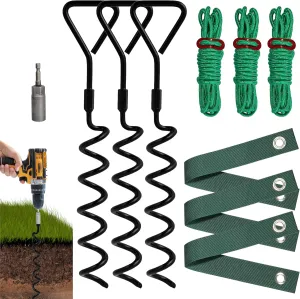 VASGOR Heavy Duty 16” Tree Stakes and Supports for Young Trees, Set of 3 Tree Stake Kit with 3 Straps for Staking and 39 Feet Rope, Can be Used with Drill (Adapter Included) (Black - Set 3)
