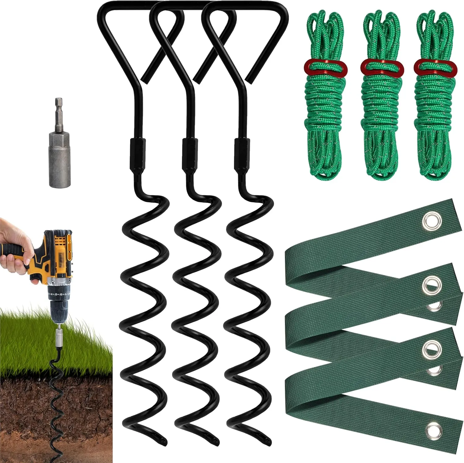 VASGOR Heavy Duty 16” Tree Stakes and Supports for Young Trees, Set of 3 Tree Stake Kit with 3 Straps for Staking and 39 Feet Rope, Can be Used with Drill (Adapter Included) (Black - Set 3)
