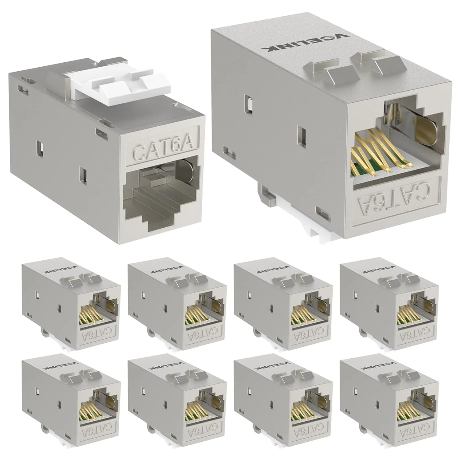 VCELINK CAT6A RJ45 Keystone Coupler Shielded, 10-Pack Keystone Jack Inline Coupler Female to Female 10Gbps for Patch Panel and Keystone Wall Plate, Silver