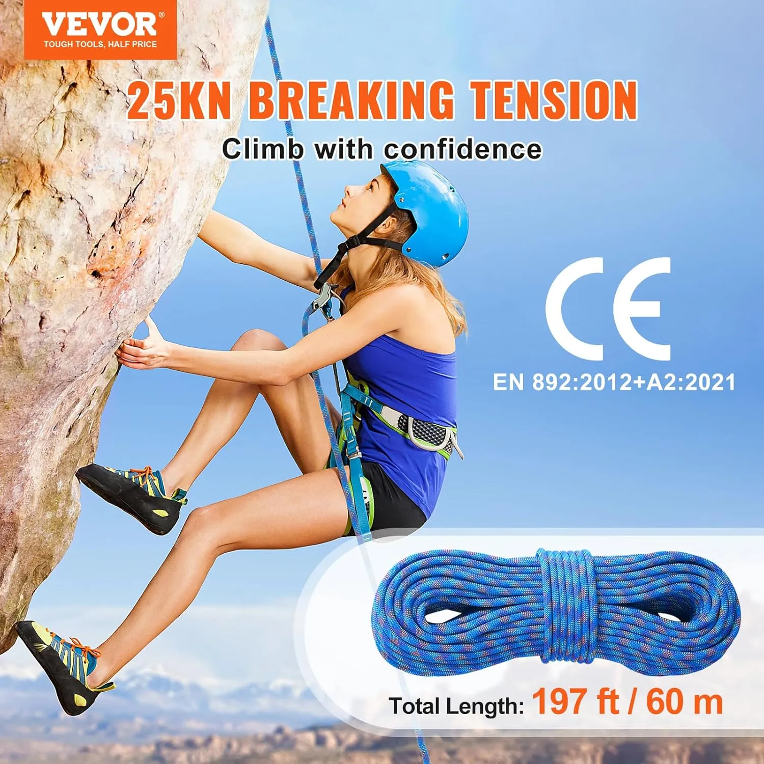 VEVOR 10.2mm Dynamic Climbing Rope, Outdoor Rock Climbing Rope 25KN Breaking Tension, Stretchable Fiber Rope with Steel Snap Hooks for Escape, Rappelling, Fire Rescue, Blue