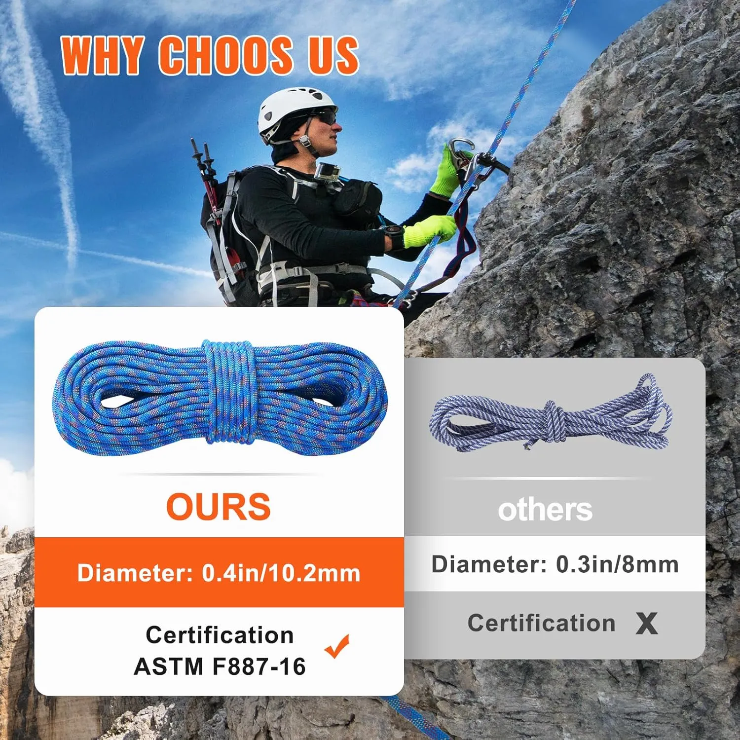 VEVOR 10.2mm Dynamic Climbing Rope, Outdoor Rock Climbing Rope 25KN Breaking Tension, Stretchable Fiber Rope with Steel Snap Hooks for Escape, Rappelling, Fire Rescue, Blue