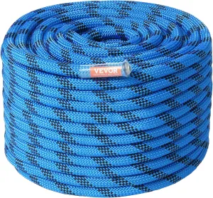 VEVOR 12.7mm Static Climbing Rope, 45.7M(150ft) Outdoor Rock Climbing Rope 30KN Breaking Tension, Fiber Rope with Steel Snap Hooks for Escape, Rappelling, Fire Rescue, Blue