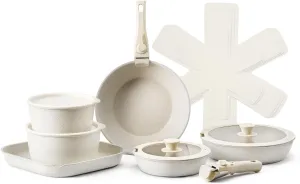 VEVOR 17 Piece Pots and Pans Set Nonstick, Detachable Handle Cookware, Space Saving Induction cookware set, Kitchen RV Cooking Sets, with Frying, Sauce, Saute, Tempered Glass Lids, Oven Safe, White