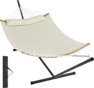 VEVOR 2 Person Hammock with Stand, Double Hammock with Strong Curved-Bar, Detachable Pillow & Portable Bag, Heavy Duty 480lb Two Person Hammock Double Quilted Fabric Hammock with Stand for Outside