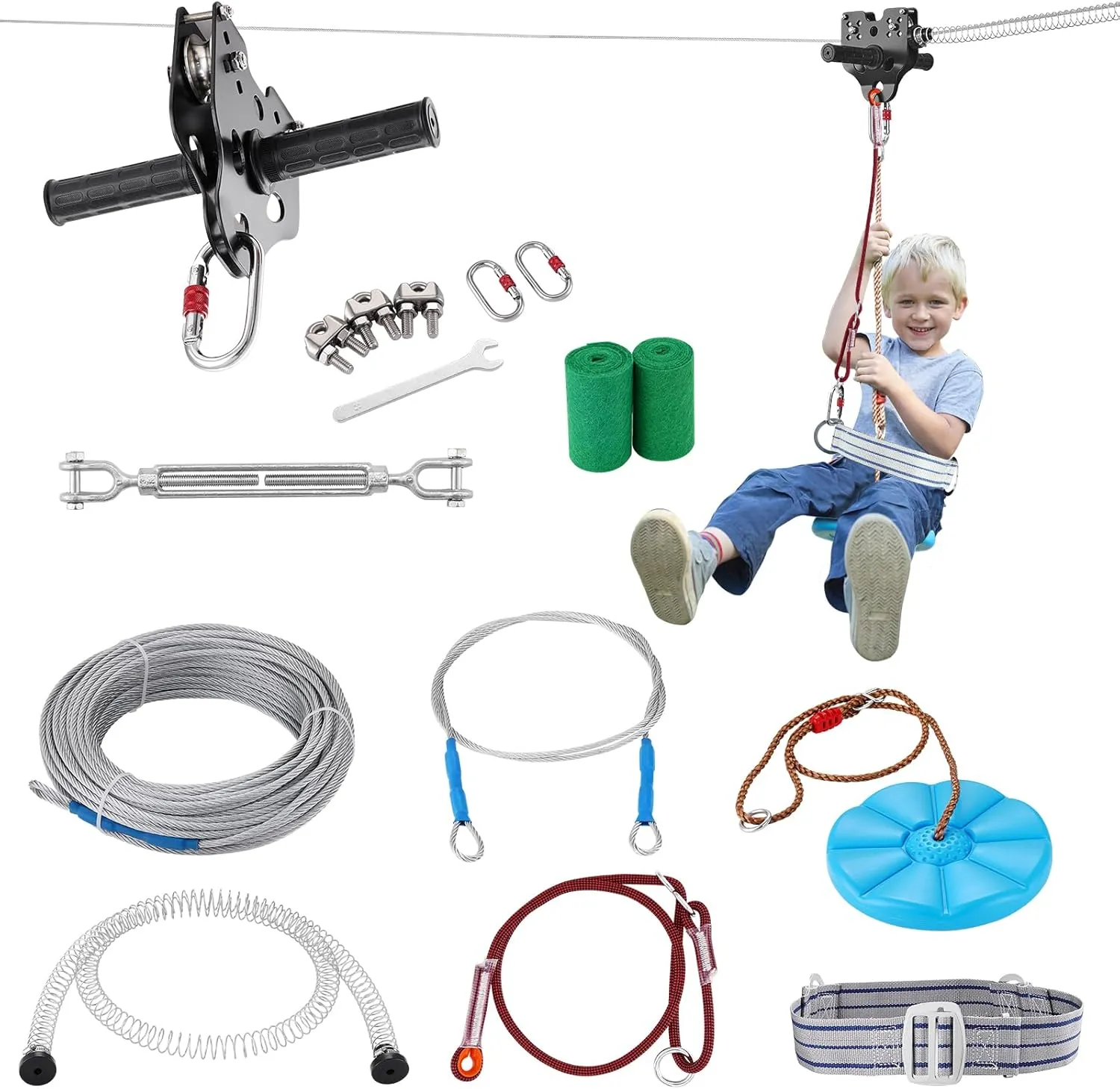 VEVOR Zip line Kits for Backyard，120ft Zip line Kit for Kids and Adult Up to 330 lb, Included Swing Seat, Ziplines Brake, and Steel Trolley, Outdoor Playground Equipment