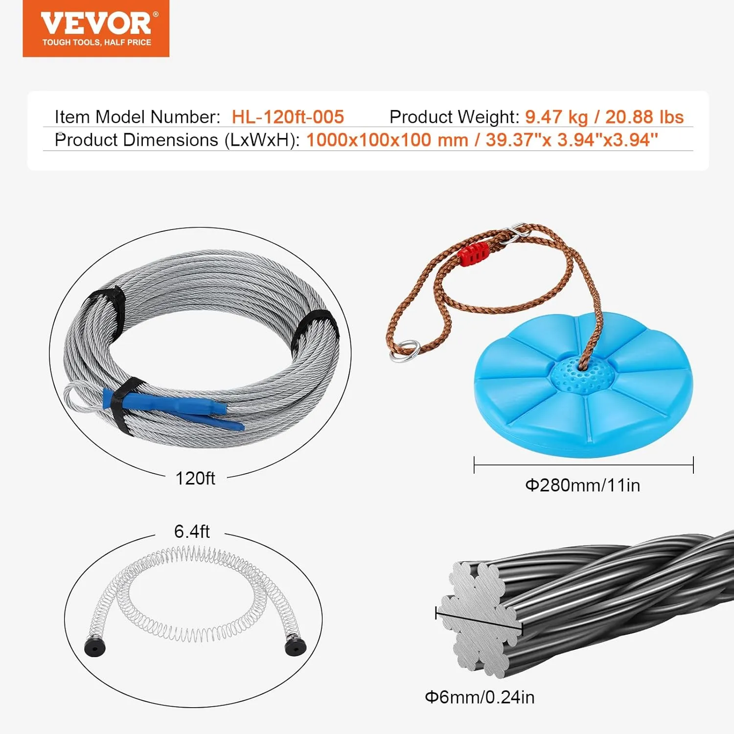 VEVOR Zip line Kits for Backyard，120ft Zip line Kit for Kids and Adult Up to 330 lb, Included Swing Seat, Ziplines Brake, and Steel Trolley, Outdoor Playground Equipment