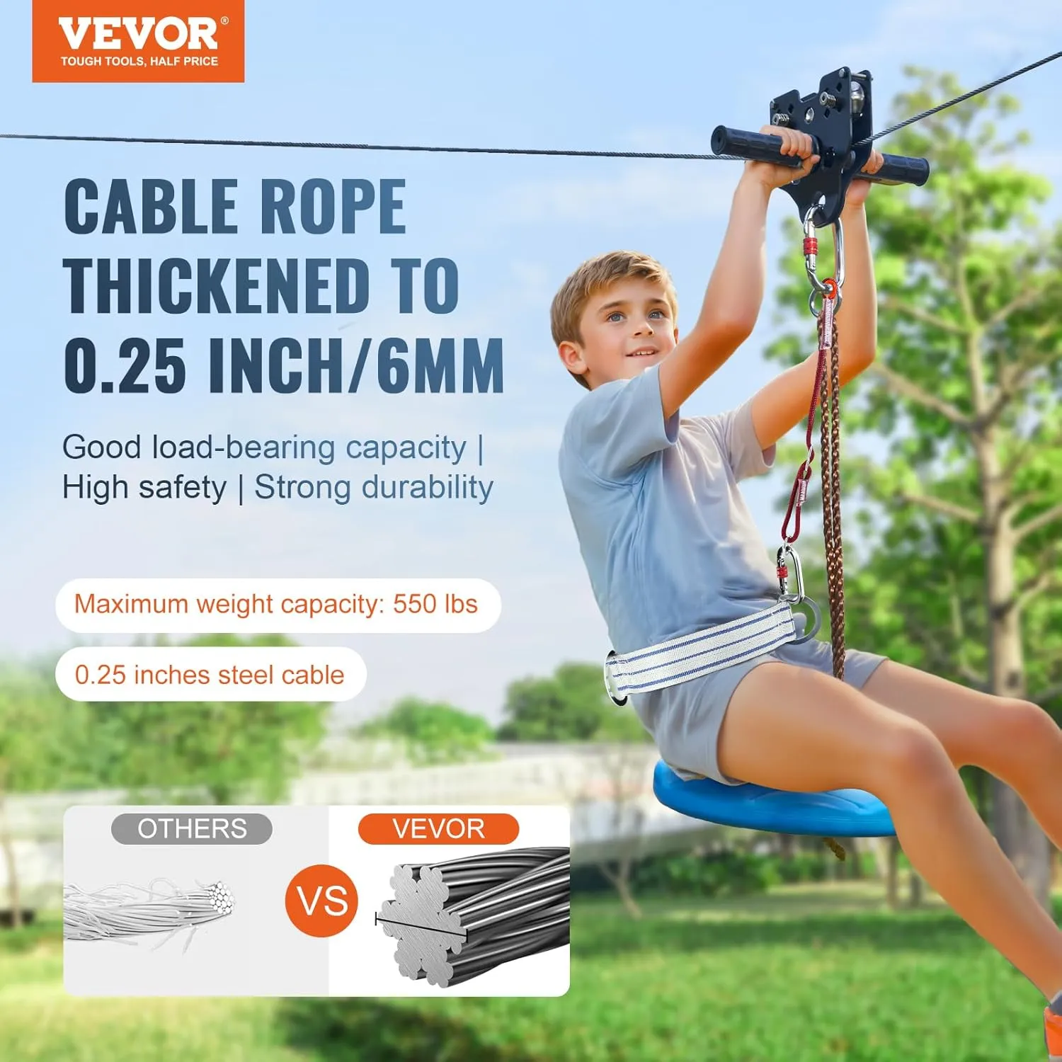 VEVOR Zip line Kits for Backyard，120ft Zip line Kit for Kids and Adult Up to 330 lb, Included Swing Seat, Ziplines Brake, and Steel Trolley, Outdoor Playground Equipment
