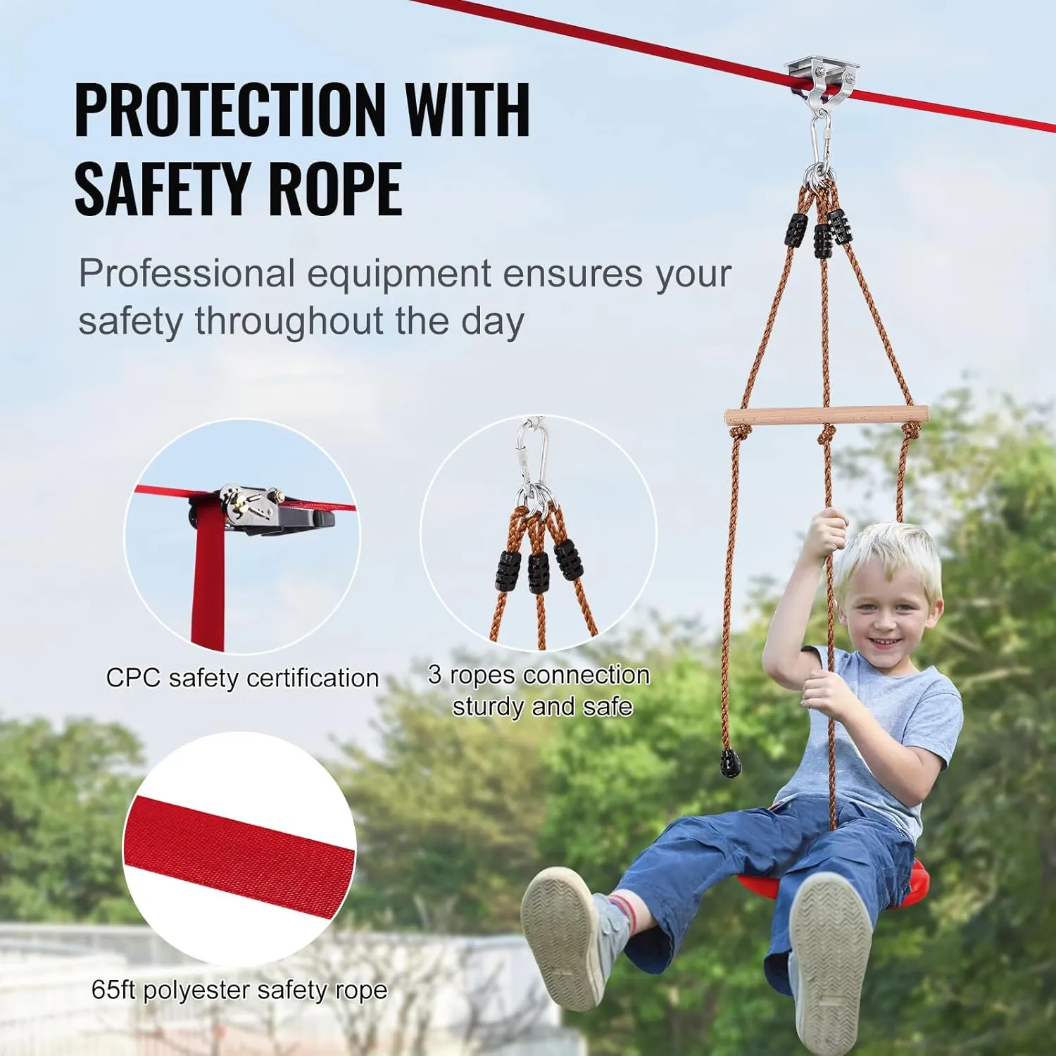 VEVOR Zipline Kit for Kids and Adult, 65 ft Zip Line Kits Up to 330 lb, Backyard Outdoor Quick Setup Zipline, Playground Entertainment with Zipline, Nylon Safety Harness, Seat, and Handlebar