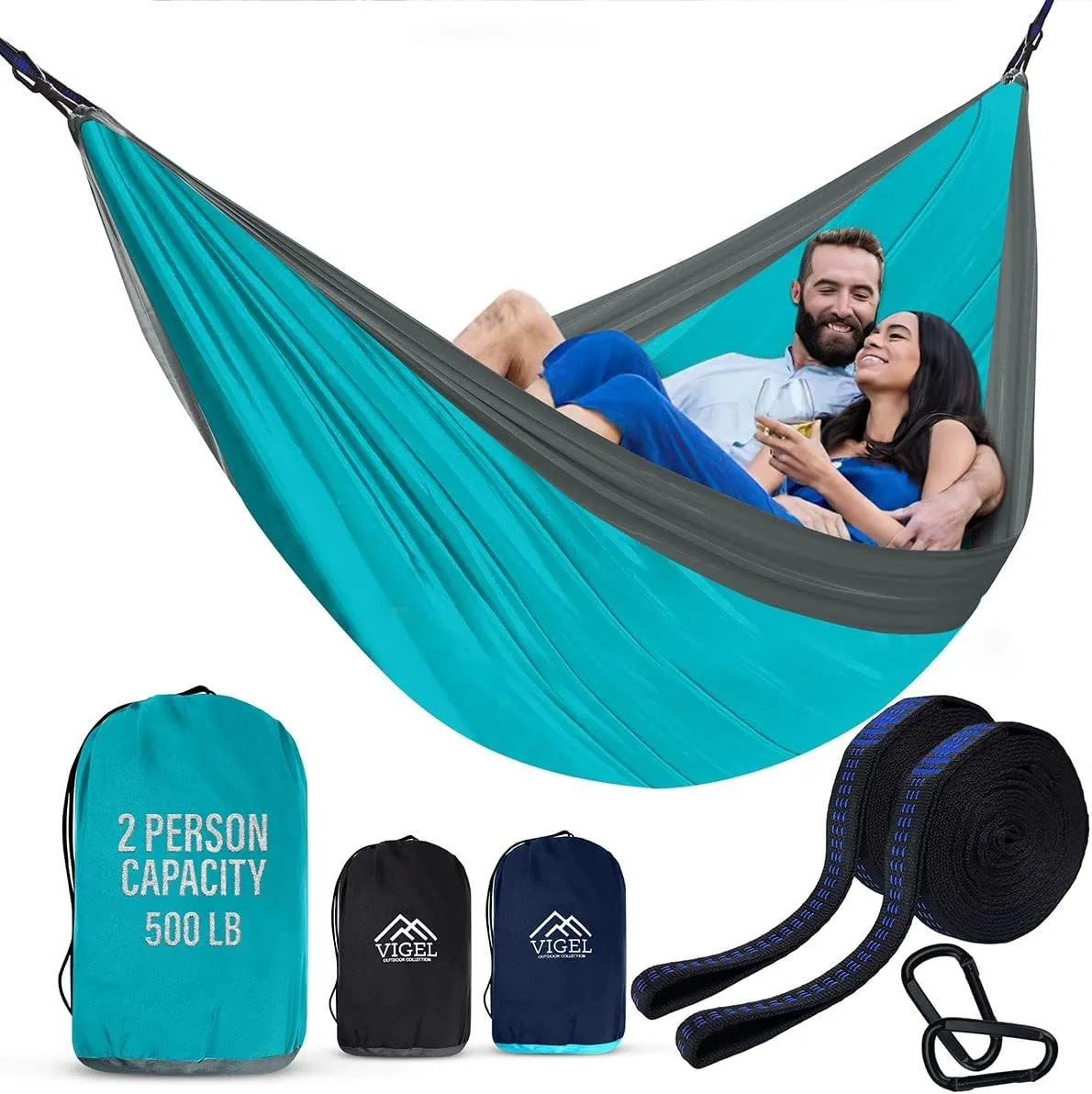 Vigel Camping Hammock - XL Double Hammock 500 Lb Capacity - Durable Portable Tree Hammock - Hammocks for Outside - Camping Accessories for Outdoor, Travel, Hiking