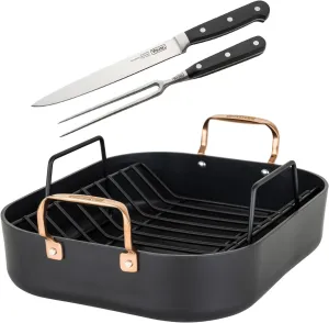 Viking Hard Anodized Aluminum Nonstick Roasting Pan with Non Stick Rack and Carving Set, 16 x 13 Inch Kitchen Cookware, Dishwasher and Oven Safe, Dark Grey