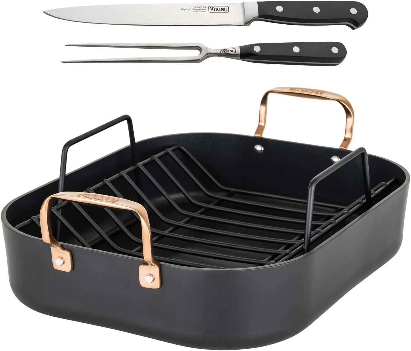 Viking Hard Anodized Aluminum Nonstick Roasting Pan with Non Stick Rack and Carving Set, 16 x 13 Inch Kitchen Cookware, Dishwasher and Oven Safe, Dark Grey