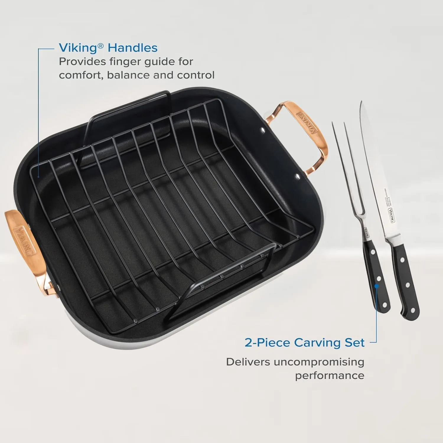 Viking Hard Anodized Aluminum Nonstick Roasting Pan with Non Stick Rack and Carving Set, 16 x 13 Inch Kitchen Cookware, Dishwasher and Oven Safe, Dark Grey