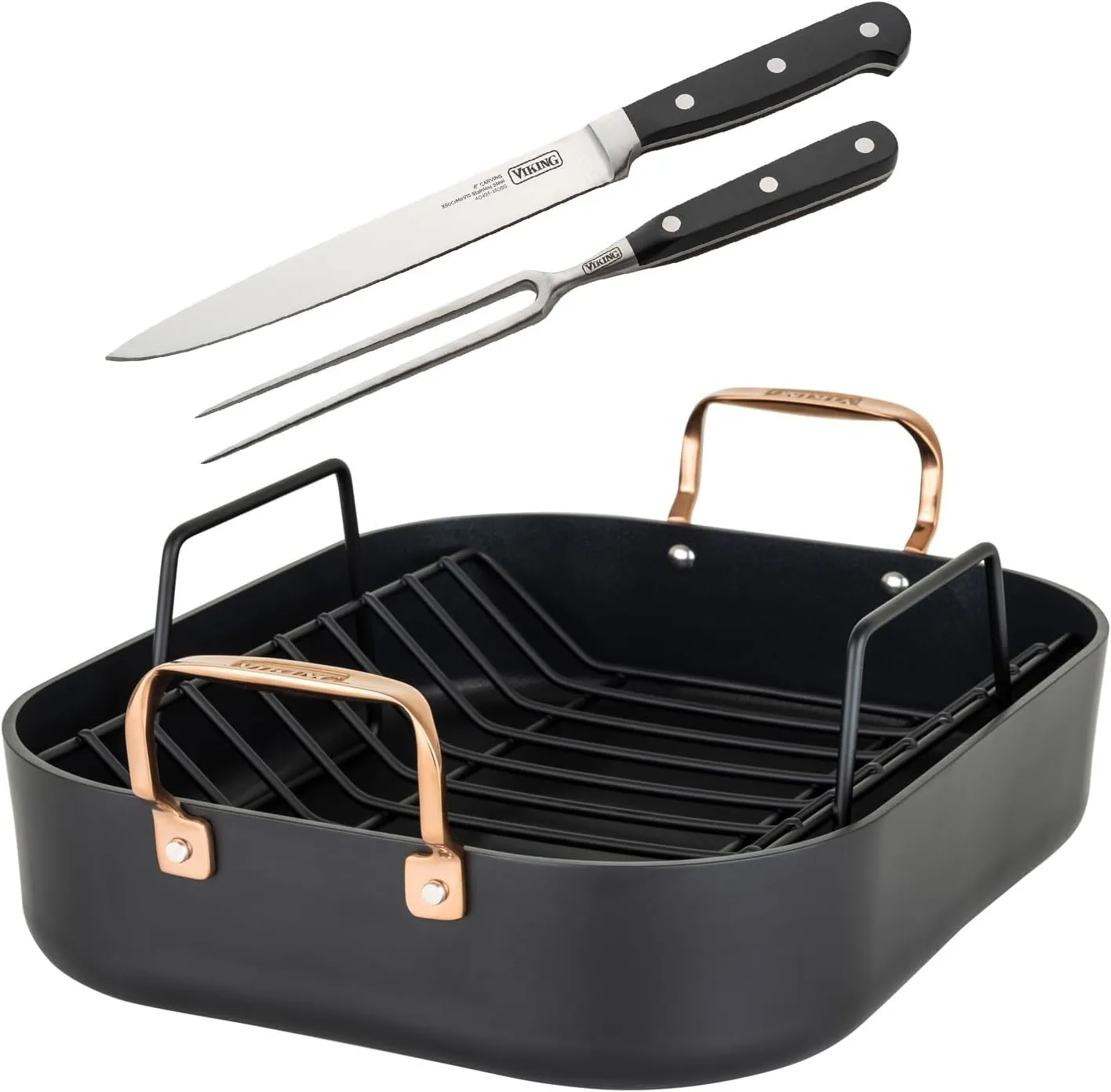 Viking Hard Anodized Aluminum Nonstick Roasting Pan with Non Stick Rack and Carving Set, 16 x 13 Inch Kitchen Cookware, Dishwasher and Oven Safe, Dark Grey