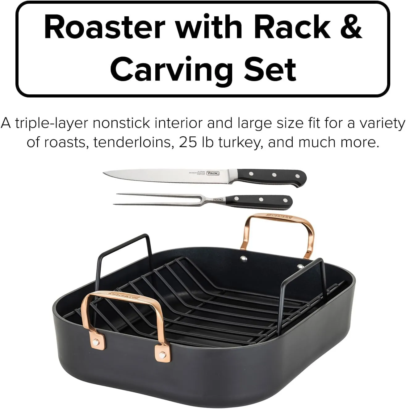 Viking Hard Anodized Aluminum Nonstick Roasting Pan with Non Stick Rack and Carving Set, 16 x 13 Inch Kitchen Cookware, Dishwasher and Oven Safe, Dark Grey