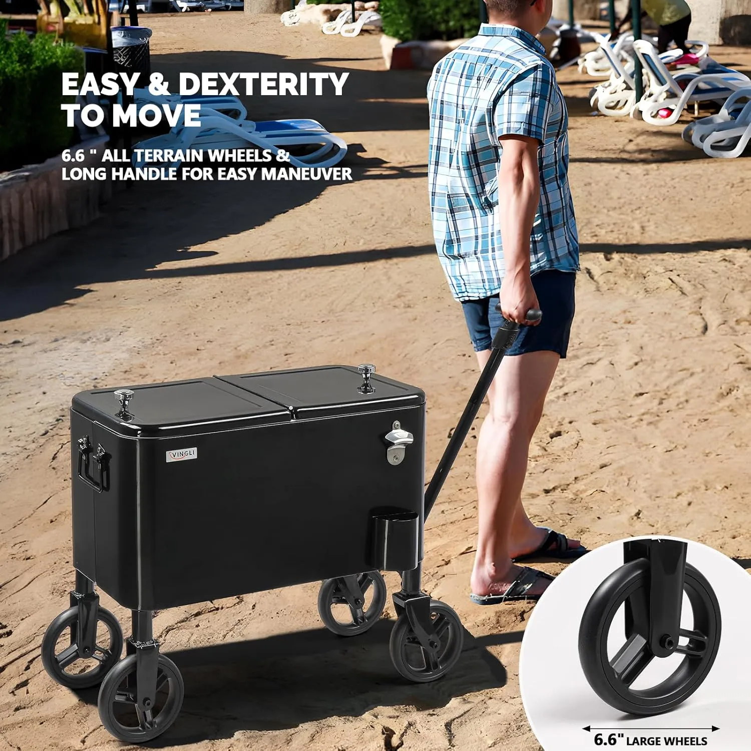 VINGLI 80 Quart Wagon Rolling Cooler Ice Chest, w/Long Handle and 10" Wheels, Portable Beach Patio Party Bar Cold Drink Beverage, Outdoor Park Cart on Wheels
